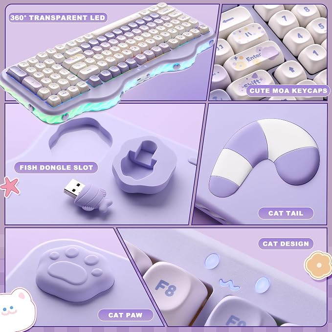 YUNZII C98 Cute Cake Wireless Mechanical Keyboard(Purple, Milk Switch) | 99 Keys with Number Pad, Hot Swap, PBT MOA Keycaps, BT5.0/2.4G/USB-C, Gasket Mount, Custom RGB Backlit for Win/Mac - Image 8