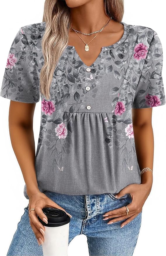 Zeagoo Womens Short Sleeve Tops Summer Henley V-Neck Tshirts Casual Pleated Blouse Dressy Loose Floral Basic Tee - Image 2