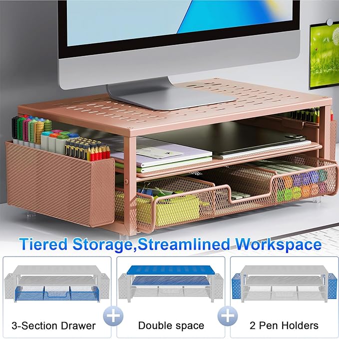 gianotter Desk Organizers and Accessories, Monitor Stand with Drawer and 2 Pen Holder, Desktop Organizer Suitable for Offices and Dormitories (Rose Gold) - Image 3
