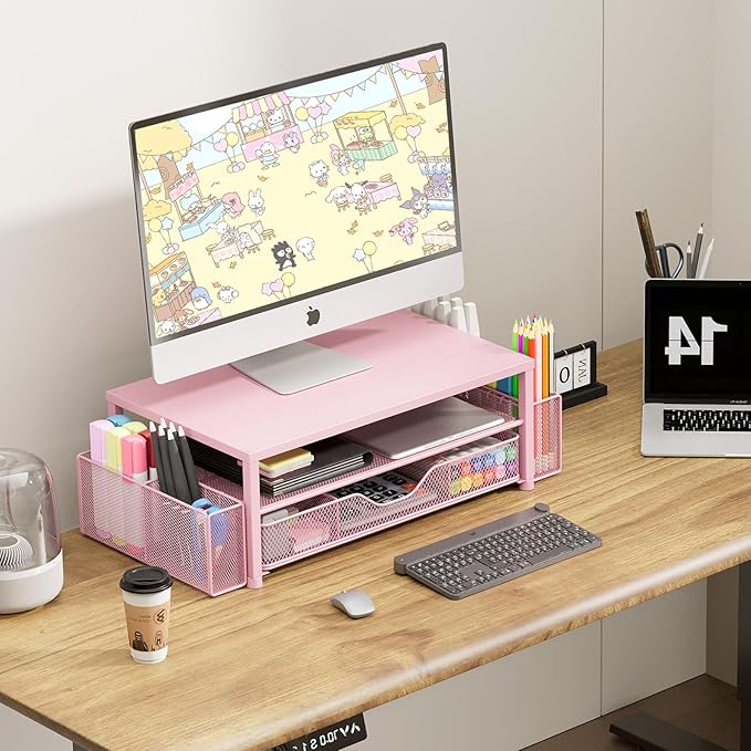 OPNICE Desk Organizers and Accessories, 2-Tier Computer Monitor Stand Riser with Drawer and 2 Pen Holders, Laptop Stand, Office Desk Accessories & Office Decor for Women, Pink - Image 5