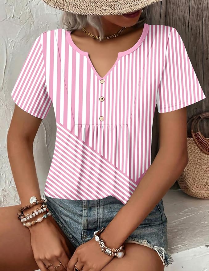 Zeagoo Womens Short Sleeve Tops Summer Henley V-Neck Tshirts Casual Pleated Blouse Dressy Loose Floral Basic Tee - Image 4