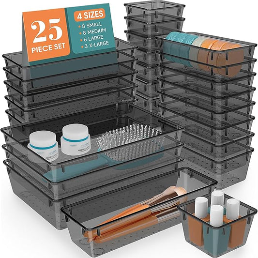 WOWBOX 25 PCS Plastic Drawer Organizer Set, Desk Drawer Divider Organizers and Storage Bins for Makeup, Jewelry, Gadgets for Kitchen, Bedroom, Bathroom, Office, Black by WOWBOX