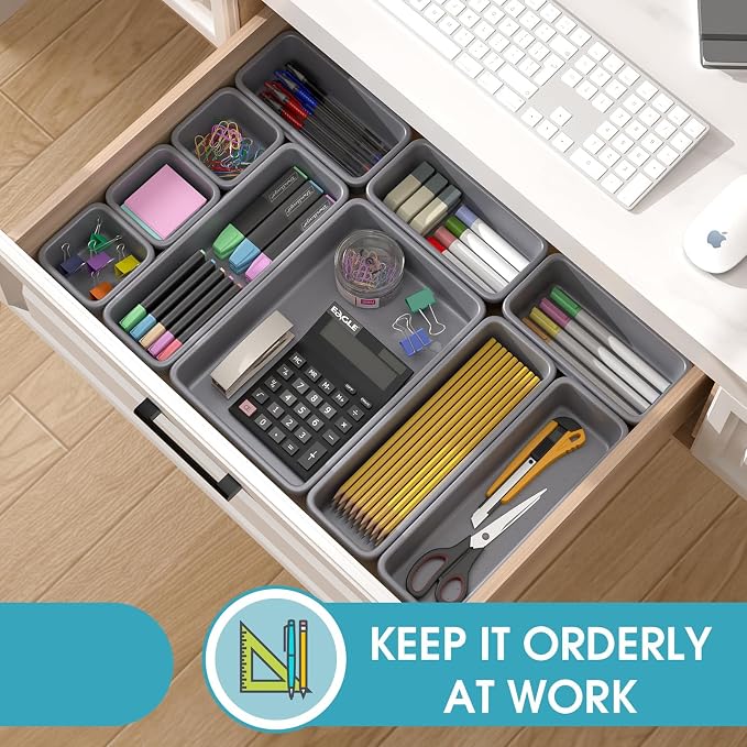 10 PCS Drawer Organizer Set, 4 Size Makeup Drawer Divider Organizer With Non-Slip Pads, Interlocking Plastic Storage Bins for Office,Jewelry Vanity,Gadgets, Bathroom,Kitchen, Grey - Image 4