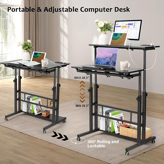Hadulcet Stand Up Desk, Rolling Desk Adjustable Height, Mobile Standing Desk with Wheels & Charging Station, Portable Stand for Laptop, Rolling Computer Cart TV Tray, Small Standing Desk Drawing Table - Image 6