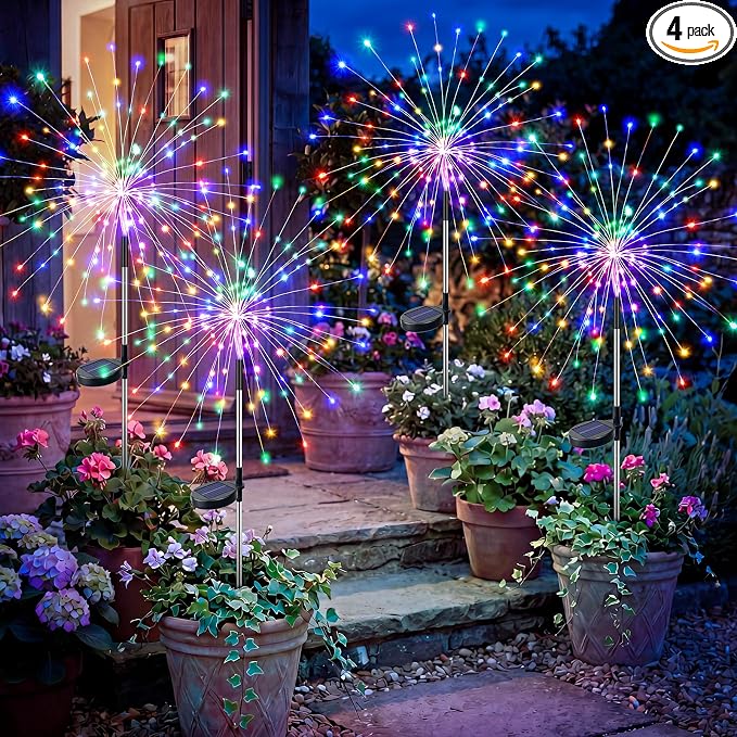 btfarm 4 Pack Solar Garden Lights Outdoor 8 Modes, 120 LED Firework Lights Solar Powered, Waterproof Twinkle Fairy Light Outside for Yard Pathway Lawn Pool Patio Christmas Decorative, Multicolor by btfarmdecorativelighting