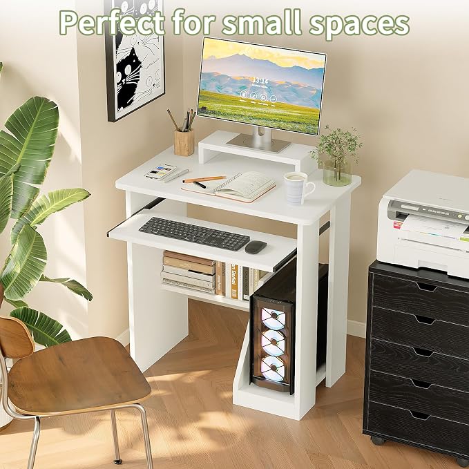 ALISENED 30 Inch Computer Desk, with Keyboard Tray & Monitor Stand | Compact Desk for Space-Saving, Ergonomic Study Desk with Storage Shelves for Writing, Gaming, Working, White - Image 4