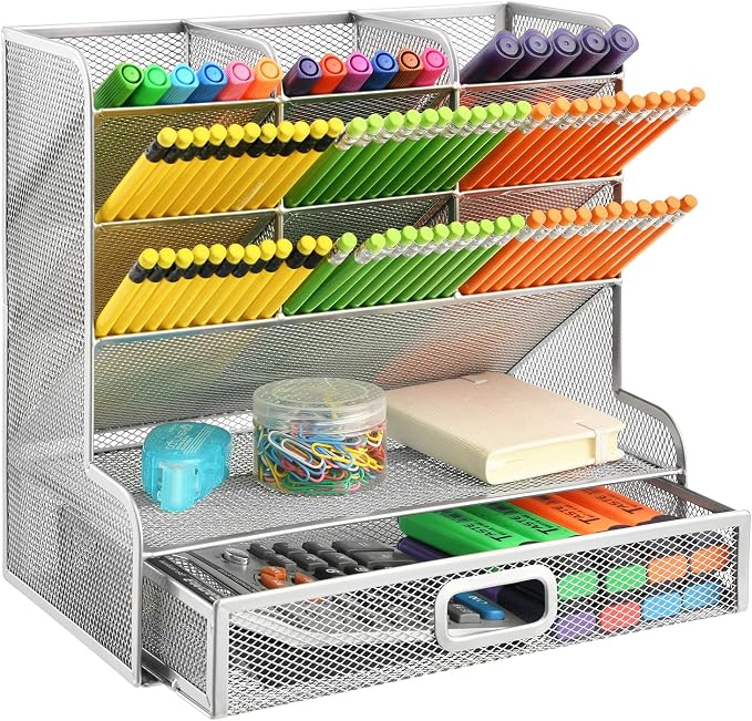 Marbrasse Larger Mesh Desk Organizer with Drawer, Multi-Functional Pen Pencil Holder, Desk Organizers and Accessories for Office Art Supplies (Silver Mesh Pen Holder with Drawer) - Image 6