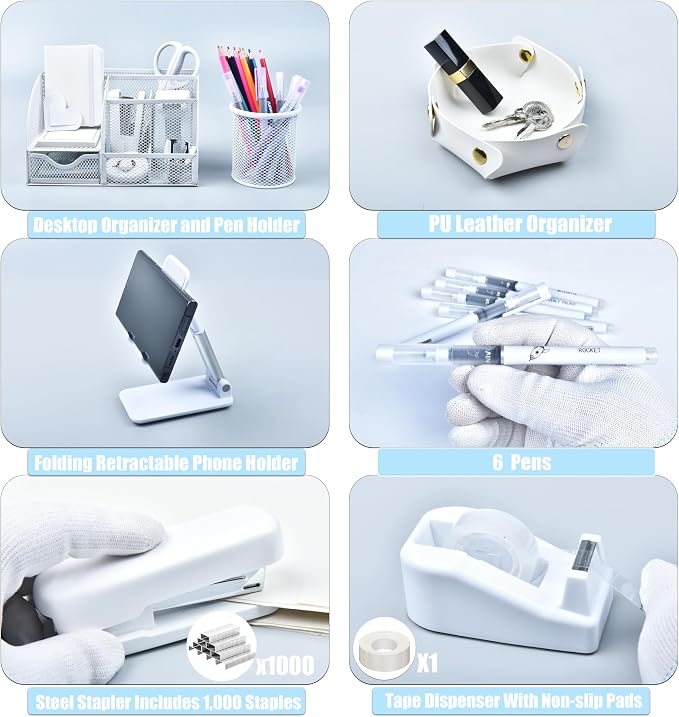 White Desk Accessories, 25Pcs White Office Supplies and Desk Organizers, with Tape Dispenser, Stapler, Staple Remover, Ect, Gift Box Packaging - Image 3