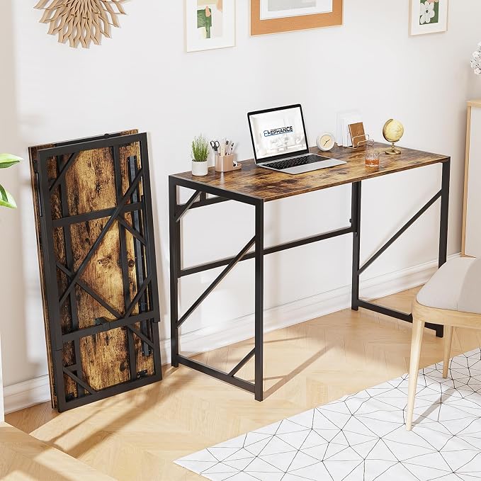 Elephance Folding Desk Writing Computer Desk for Home Office No-Assembly | Study Office Desk,Foldable Table for Small Spaces,39.4 inch,Rustic Brown - Image 2