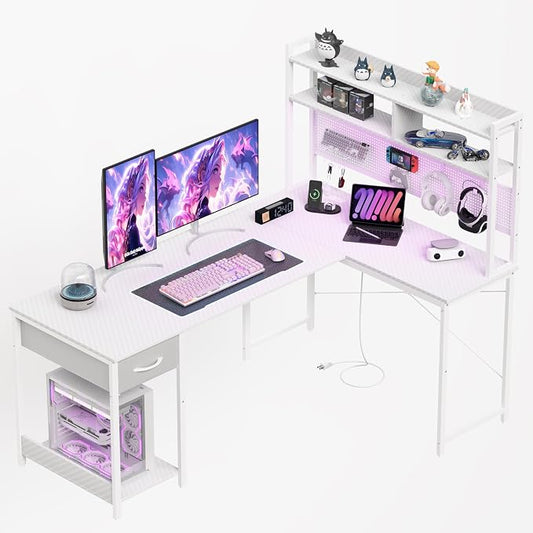 Apicizon L Shaped Gaming Desk 53", Reversible Corner Computer Desk with LED Lights, Carbon Fiber Surface, Pegboard with Hooks, Drawer & PC Tower Stand, USB Charging Port by APICIZON