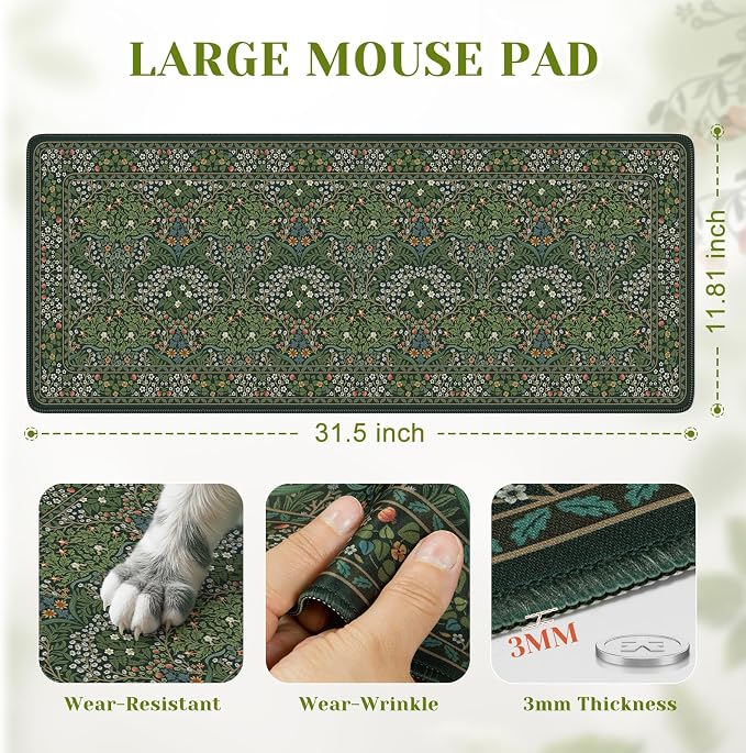 iCasso Aesthetic Floral Desk Mat, 31.5x11.8in Mouse Pads, Retro Green | Anti-Slip Mousepad with Stitched Edges, Waterproof Computer Pad, Desk Accessories Office Decor for Women - Image 2