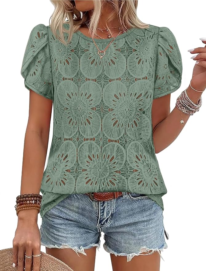 OFEEFAN Blouses for Women Dressy Casual Petal Short Sleeve Shirts Crochet Lace Boho Tops Spring Fashion Summer Outfits by OFEEFAN