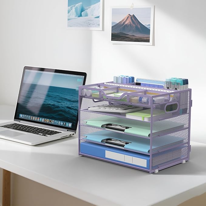 Docnest 5 Tier Mesh Desk Organizer with Removable Tray&Pen Holder, Purple | Features 3 detachable pen holders and 4 removable dividers.Versatile mesh desktop storage for mail, document,office supplie - Image 6