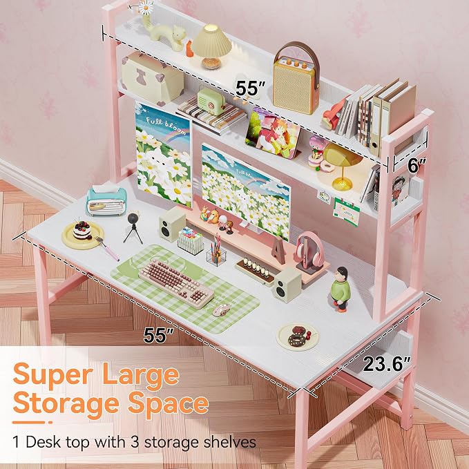 Aquzee Pink Girls Desk with Hutch, 55in Computer Desk with Bookshelf for Teens Adults, Craft Table for Bedroom Kids Room, White Pink Study Table with Shelves for Storage - Image 4