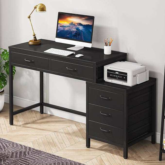 Tribesigns Computer Desk with 5 Drawers, Reversible Home Office Desks | Small Desk with Drawer Cabinet Printer Stand, PC Desk with Storage, Black Study Writing Table Workstation for Small Spaces by Unknown