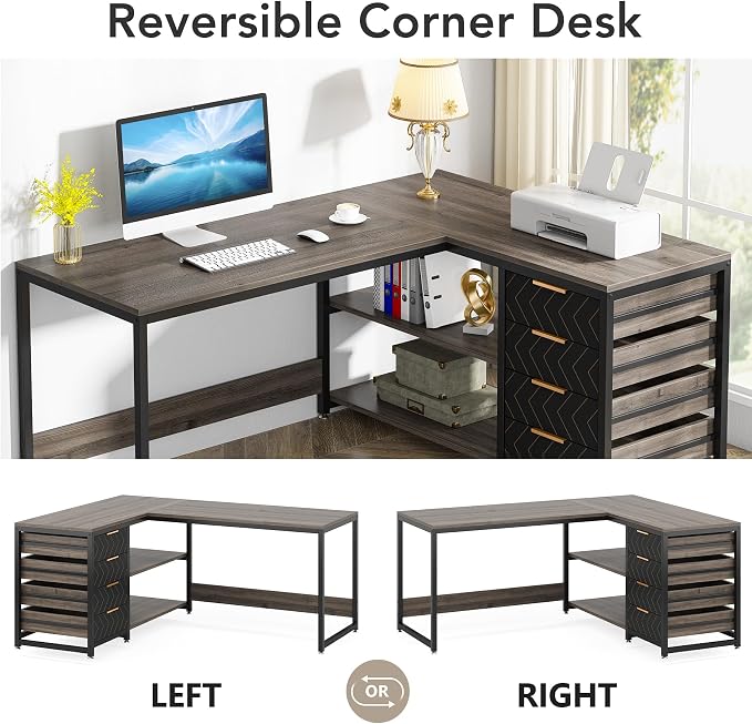 Tribesigns L Shaped Computer Desk with Storage Drawers, 59 inch Corner Desk with Shelves, Reversible L-Shaped Office Desk Writing Table Workstation for Home Office, Grey - Image 6