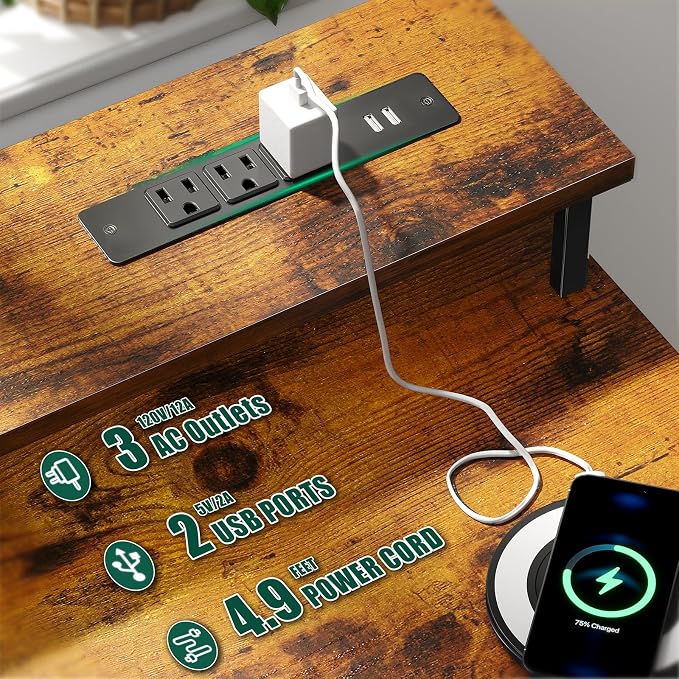 Korfile 47 Inch Computer Desk with Power Outlets,LED,5 Drawers,Rustic Brown | For gaming and working,built-in power outlets and LED lights, 5 fabric storage drawers, 47-inch, monitor stand,, rustic brown - Image 4
