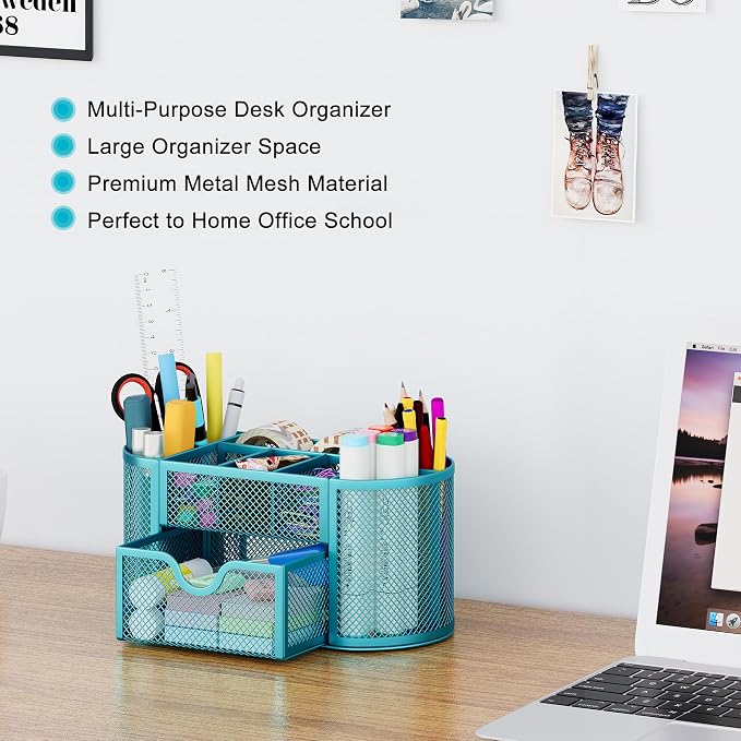 EasyPAG Mesh Pen Holder Desk Organizer with Drawer Stationery Supplies Organizer for Dorm School 9 Compartments Workspace Desk Accessories Organization for Office, Blue - Image 3
