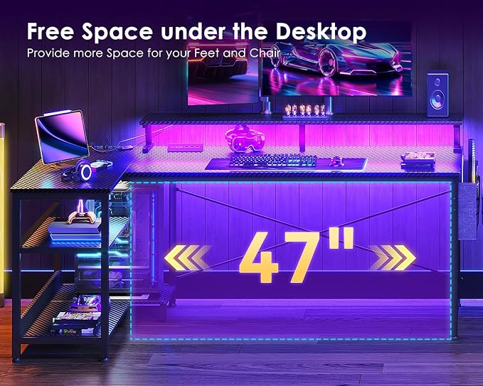 ODK 58 Inch L Shaped Gaming Desk with LED Lights, Power Outlets, Black | Adjustable Monitor Stand, Open Storage Shelves, Hanging Side Bag, PC Tower Stand, Reversible Layout for Gaming - Image 4