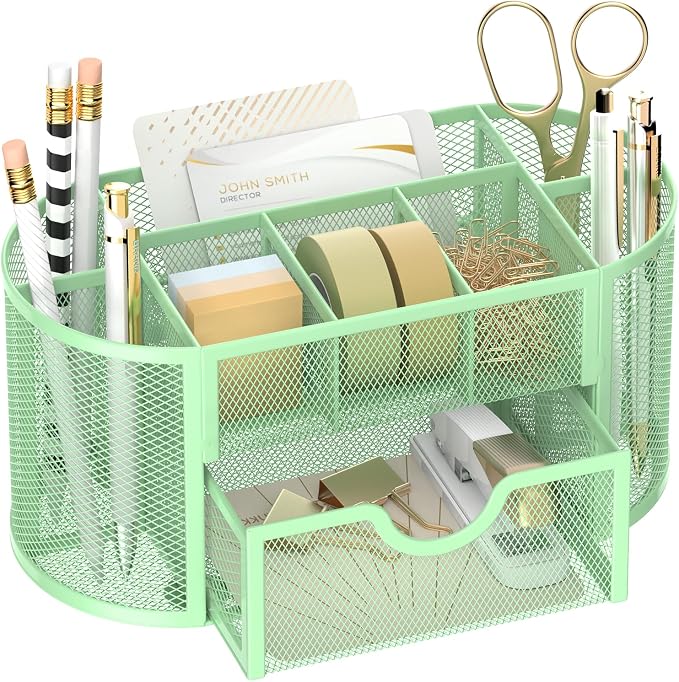 Mesh Desk Organizer with Drawer, 9-Compartment Pen Holder for Desk, Green | Pull-Out Drawer Stores Pens, Pencils, Clips, Notes, and Small Office or School Supplies in One Compact Desk Caddy by SUPEASY