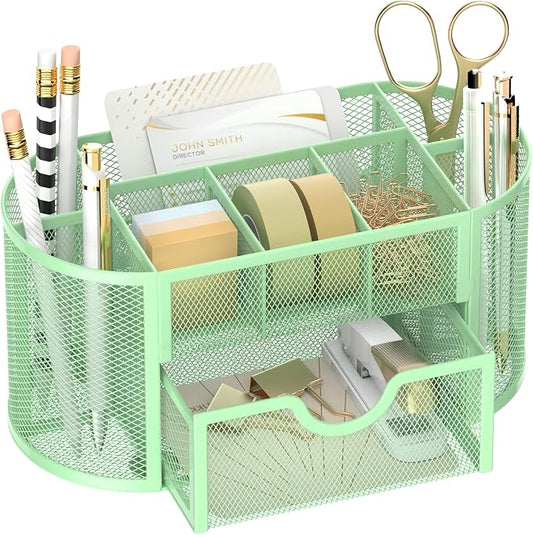 Mesh Desk Organizer with Drawer, 9-Compartment Pen Holder for Desk, Green | Pull-Out Drawer Stores Pens, Pencils, Clips, Notes, and Small Office or School Supplies in One Compact Desk Caddy by SUPEASY