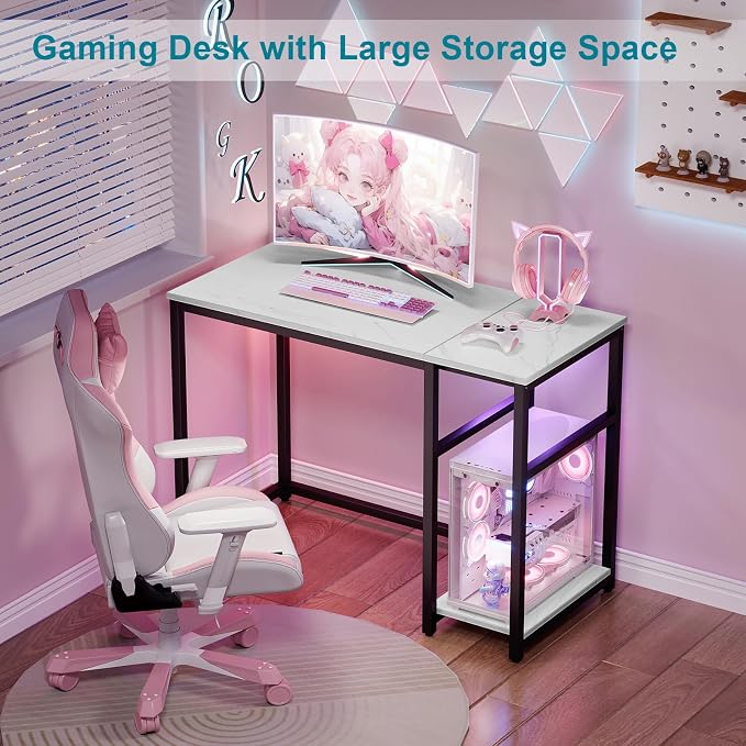 SINPAID Computer Desk 40 inches with 2-Tier Shelves Sturdy Home Office Desks with Large Storage Space Modern Gaming Desk Study Writing Laptop Table, Black Marbling (White Marble, 40 inch) - Image 6