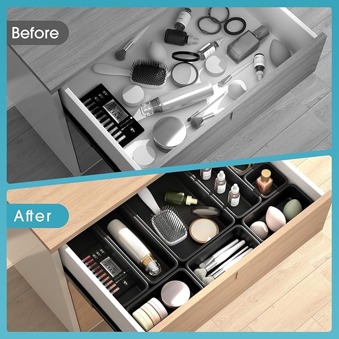 25 PCS Drawer Organizer Set, 4 Size Makeup Drawer Divider Organizer With Non-Slip Pads, Interlocking Plastic Storage Bins for Office,Jewelry Vanity,Gadgets, Bathroom,Kitchen, Black - Image 7