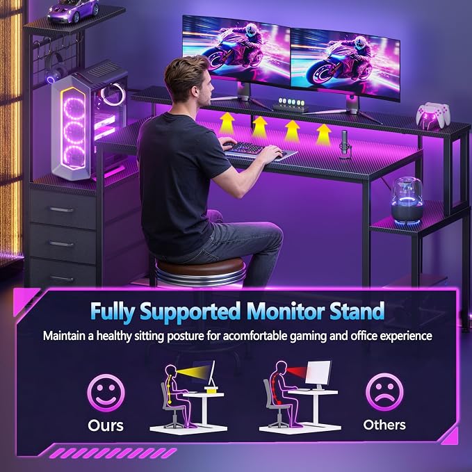 Korfile 63 Inch Gaming Desk with Bluetooth LED Lights & Power Outlets,Computer Desk with Fabric Drawers & Hooks,Reversible Gamer Table with Monitor Stand for Game Room,Home Office,Carbon Fiber Black | Reversible，Computer Desk, Gamer Table, Bluetooth LE... - Image 9