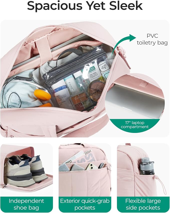 BAGSMART Duffle Bag for Travel, Gym Bag for Women, Weekender Carry on Bag | PVC Wet Pocket, Airline Approved Personal Carry-on Size, Fits Under-seat, One Bag for Gym, Travel, Hospital, Overnight - Image 4