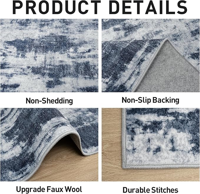 4x6 Area Rugs Washable Rug: Modern Abstract Living Room Rug Soft Anti-Skid Thin Carpet Indoor Floor Non-Shedding Carpets for Bedroom Dining Room Farmhouse Nursery Home Office Blue Grey - Image 6