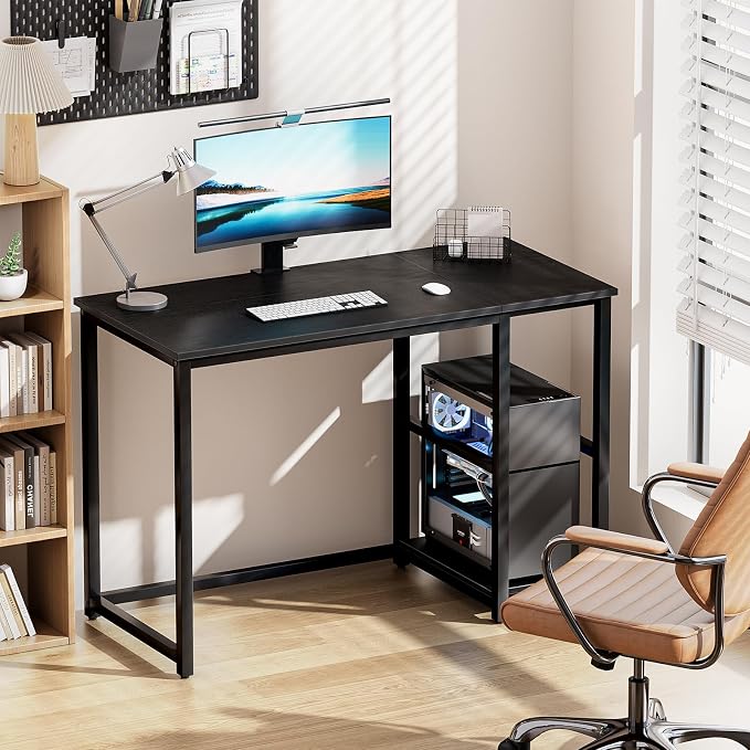 SINPAID Computer Desk 47 inches with 2-Tier Shelves Sturdy Home Office Desks with Large Storage Space Modern Gaming Desk Study Writing Laptop Table, Black - Image 4