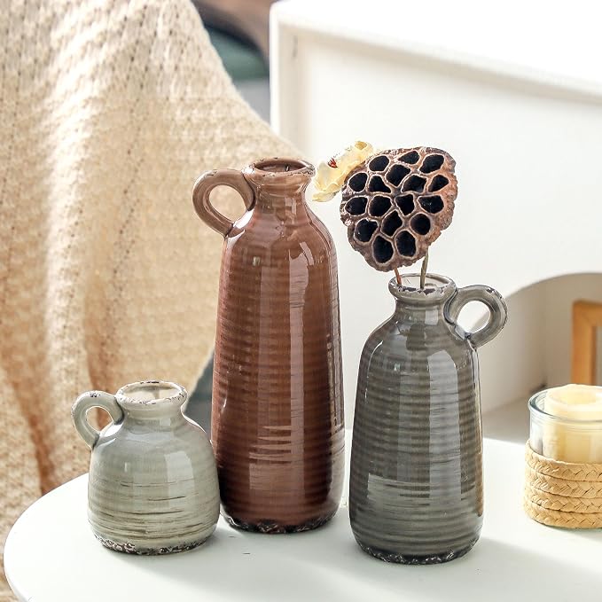 Ceramic Vases Set of 3, Neutral Rustic Farmhouse Vase with Handle, Decorative Flower Vases Home Decor Modern Boho Pampass Vase for Table Mantel Entryway Shelf Living Room Kitchen Bathroom - Brown - Image 6