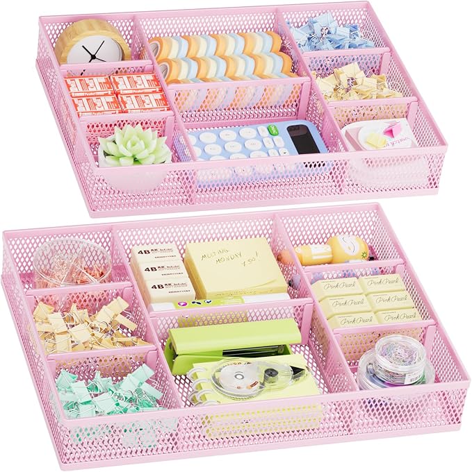 Marbrasse 2 Pack Desk Drawer Organizer, Mesh Drawer Organizer Tray with 8 Adjustable Compartments, Desk Organizers and Accessories, 5 Dividers Drawer for Office Supplies, Makeup & Vanity (Pink) by Marbrasse