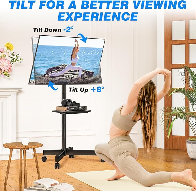 Rfiver Mobile TV Stand for 23-65 Inch LCD LED Flat/Curved Panel Screen TVs up to 88 lbs, Rolling TV Stand with Adjustable Shelf & Tilt, Portable Floor Stand on Wheels for Bedroom, Living Room, Office - Image 4