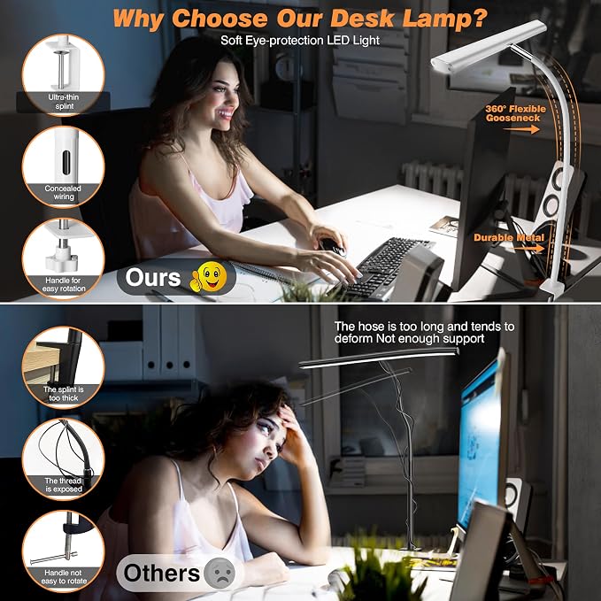 Airlonv LED Desk Lamp with Clamp, 17" Stepless Dimming Light, White | 2700K-6500K, 100 LEDs, 360° Gooseneck, Fits Up to 30" Monitors, Flicker-Free Lighting for Home Office, Study& Workbench - Image 4