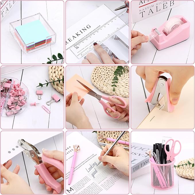 17 in 1 Pink Desk Organizers and Accessories Set, 3 Office Desk Supplies Storage Organization, 4 Pens, Stapler, Staples & Remover, Tape & Dispenser, Scissors, Ruler, Clips, Hole Punch, Back to School - Image 5