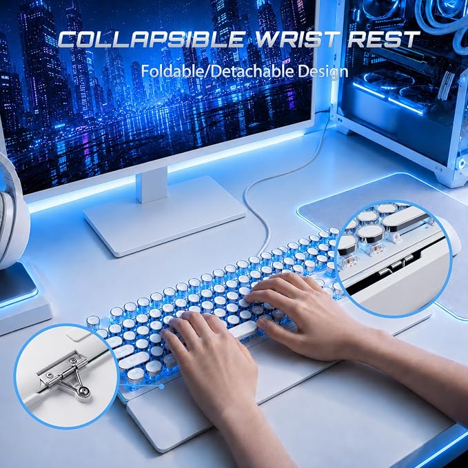 RK ROYAL KLUDGE S108 Typewriter Mechanical Keyboard, Retro Wired Gaming Keyboard with Number Pad and Detachable Wrist Rest, 108 Keys Full Size PC Game Keyboards, Clicky Blue Switch, Blue Backlit White - Image 6