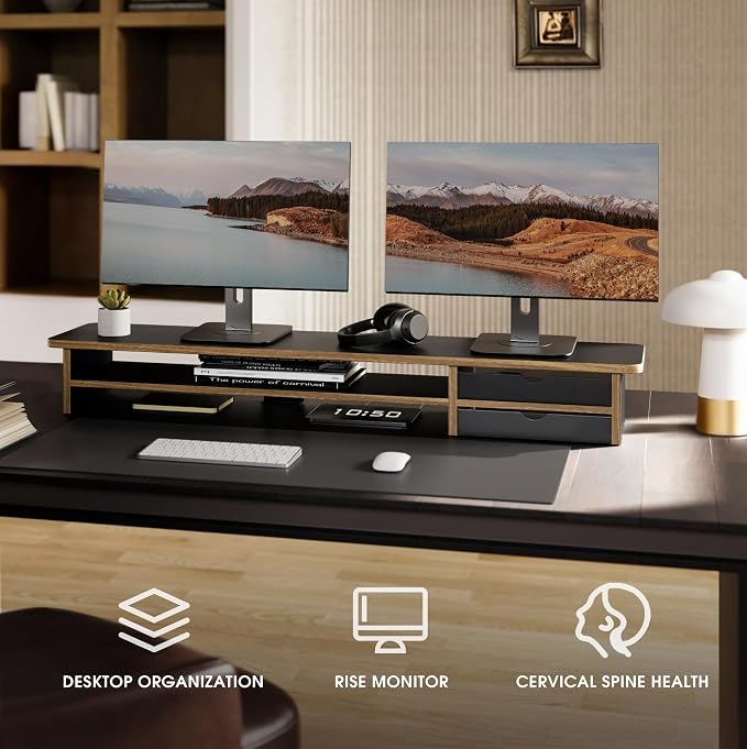 Fenge Monitor Stand, Dual Monitor Riser, 42.5inch Large Desk Computer Monitor Stand Riser with Drawer, 2 Tier Wood & Acrylic Desktop Organizer with Cable Management - Image 5