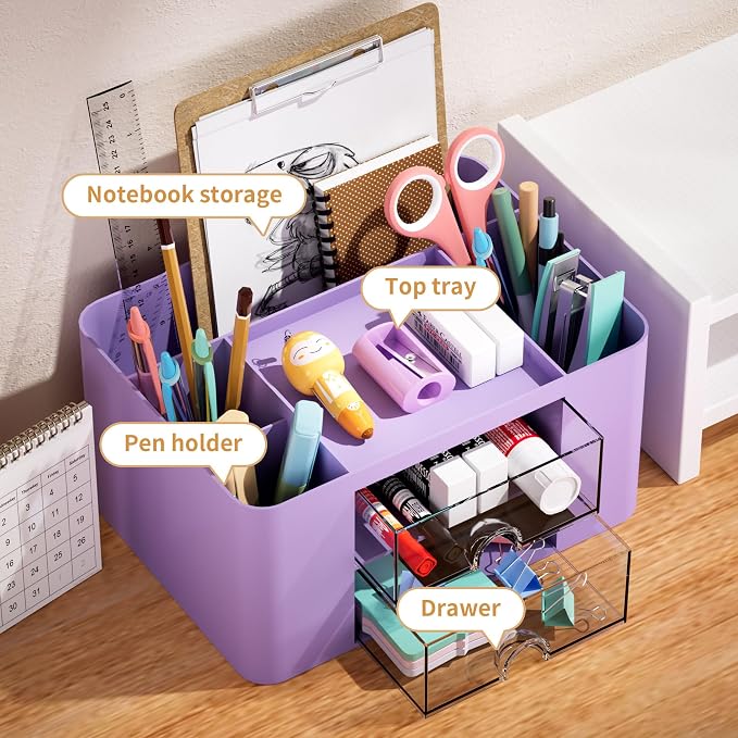 Marbrasse Pen Organizer with 2 Drawer, Multi-Functional Pencil Holder for Desk, Desk Organizers and Accessories with 5 Compartments + Drawer for Office Art Supplies (Purple) - Image 2