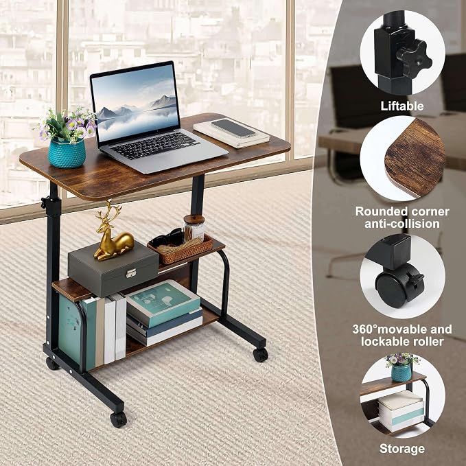 Adjustable Table Student Computer Desk Portable Home Office Furniture Small Spaces Sofa Bedroom Bedside Learn Play Game on Wheels Movable with Storage Size 31.5 * 15.7 in Oak D - Image 5
