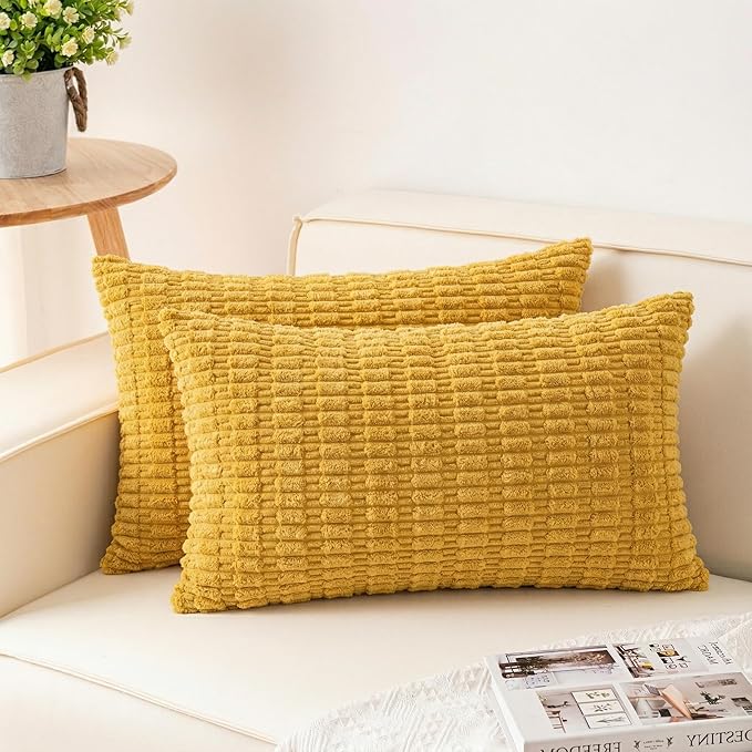 Aegero Pack of 2 Corduroy Decorative Throw Pillow Covers 12x24 Inch Soft Striped Pillow Covers Modern Farmhouse Home Decor for Sofa Living Room Couch Bed（Yellow） by Unknown