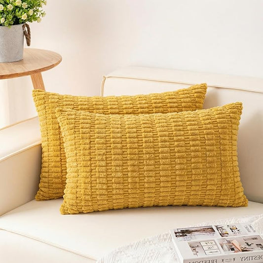 Aegero Pack of 2 Corduroy Decorative Throw Pillow Covers 12x24 Inch Soft Striped Pillow Covers Modern Farmhouse Home Decor for Sofa Living Room Couch Bed（Yellow） by Unknown