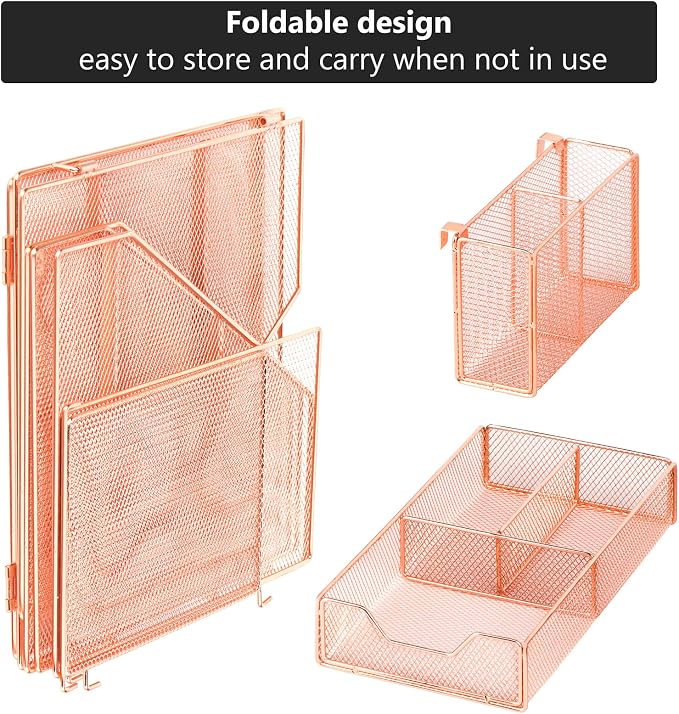 Topwey Rose Gold Desk Accessories, Office Supplies Desk Organizer Caddy with Sliding Drawer, Double Tray, File Organizer and pen holder for Home, Office School - Image 3