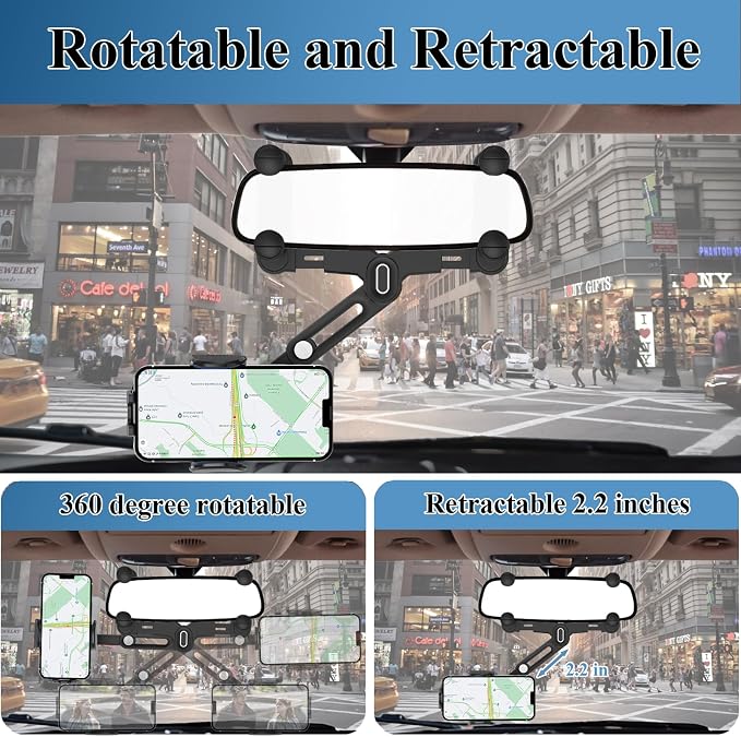 Phone Mount for Car, Rear View Mirror Phone Holder, Rotatable and Retractable Car Phone Holder Mount Rearview Mirror Phone Holder for Car Compatible with iPhone Samsung Cell Phones (Pink) - Image 3