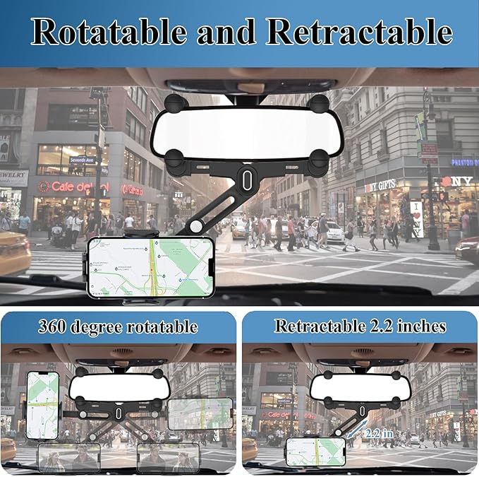 Phone Mount for Car, Rear View Mirror Phone Holder, Rotatable and Retractable Car Phone Holder Mount Rearview Mirror Phone Holder for Car Compatible with iPhone Samsung Cell Phones (Blue) - Image 3