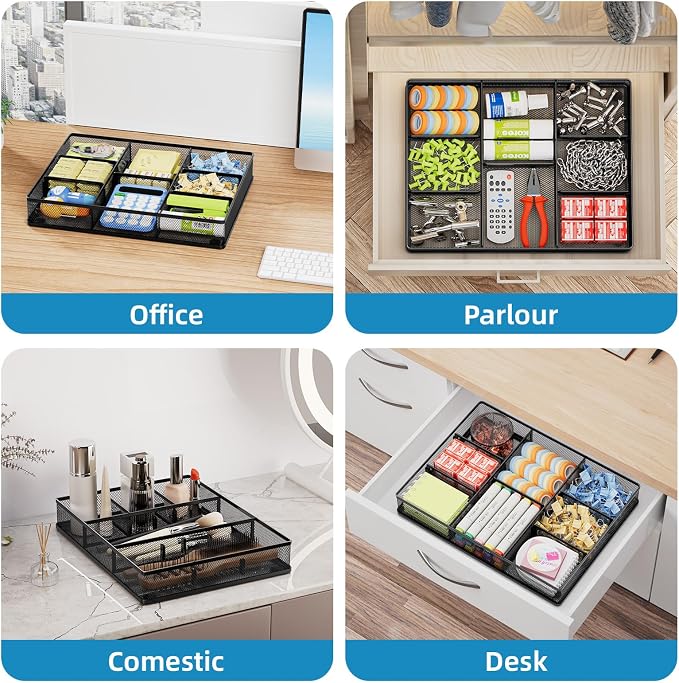 Marbrasse 2Pack Desk Drawer Organizer, Metal Mesh Drawer Organizer Tray with 5 Adjustable Compartments,Desk Organizers and Accessories for Home,Office,Kitchen,Makeup,Vanity (Black) - Image 3