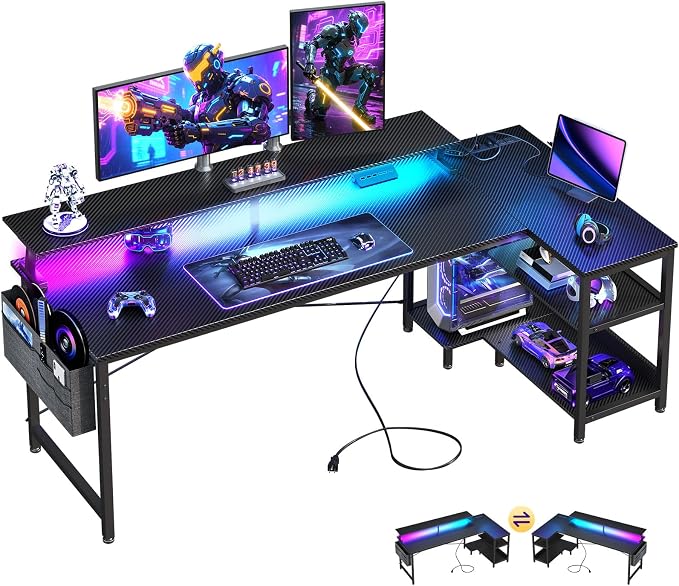 ODK 66 Inch L Shaped Gaming Desk with LED Lights, Power Outlets, Black | Adjustable Monitor Stand, Open Storage Shelves, Hanging Side Bag, PC Tower Stand, Reversible Layout for Gaming by ODK