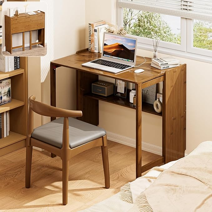 Bamboo Folding Desk for Small Spaces, Small Computer Foldable Desk, Brown | Space Saving Desk for Bedroom Home Office, Mid Century Sofa Table for Couch, Writing Work Office Desk by Usofhaus