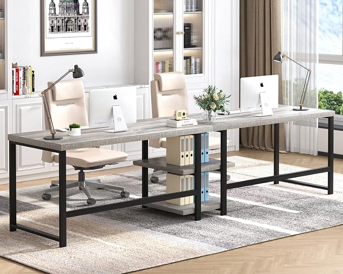 FOLUBAN 47 Inch Home Office Desk, Modern Computer Desk with Storage Shelves, Small Study Writing Gaming Table Workstation for Living Room Bedroom, Industrial Light Grey - Image 5