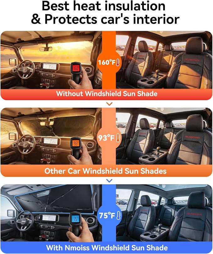 Nmoiss Windshield Sun Shade Umbrella for All Jeep Wrangler & Gladiator - [Vinyl Coating Heat Shield] Protect Car from Sun Rays & Heat Damage Keep Cool and Protect Interior, Spring Structure Edge - Image 2